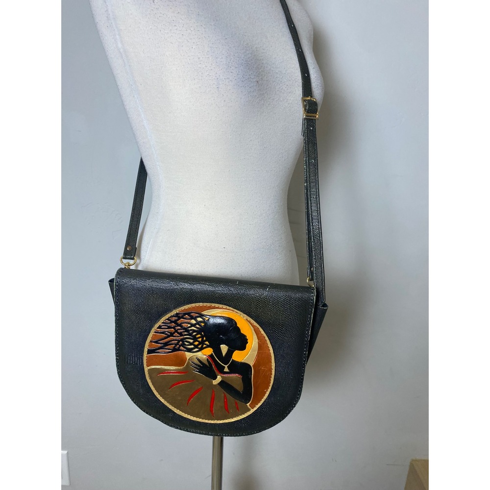 Vintage Marvin Sin Rounder 2-African Future Queen Leather Crossbody Art Bg Purse